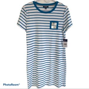 Tee Shirt Dress Blue White Nautical Stripe Short Sleeves Size M